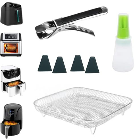 Kit grille pour friteuse à air carrée + élévateurs en silicone + pinces + doseur d'huile - Accessoires friteuse à air - Grille Air Fryer - Récipient friteuse à air