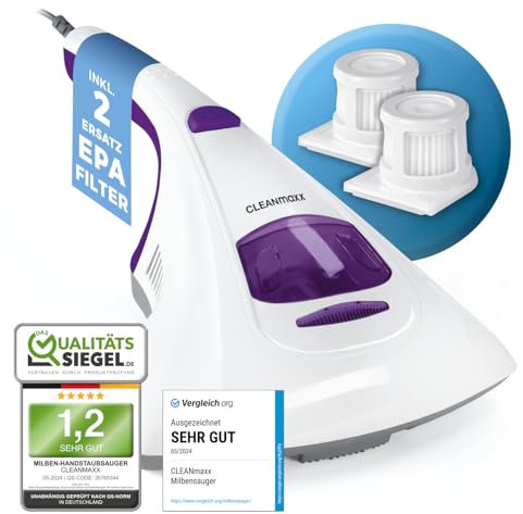 CLEANmaxx Milbensauger mit UV-C-Licht & 2 EPA-Filter, Matratzen Handstaubsauger für Allergiker, Anti Milben Matratzenreiniger vernichtet 99,9% Aller Milben, Bakterien, Bettwanzen, Lila