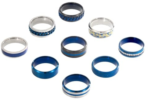 SOXEMAN Set da 9 Anelli Nuziali per Uomo e Donna, 2 Anelli Rotanti a Catena, Acciaio Inossidabile, Larghezze 6mm e 8mm (Misura USA) | Blu | Misura USA 9 (59,4 mm)