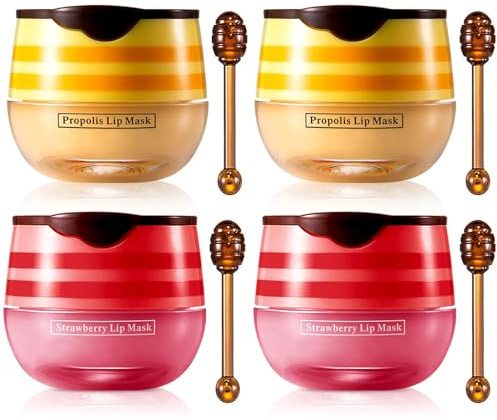 Strawberry & Honey Lip Balm, Vitamin E Lip Masks & Moisturizing/Hydrating Propolis Lip Sleeping Mask With Brush, Nourish And Repair Lip Skin Winter Lip Care Products (2Pcs Honey & 2Pcs Strawberry)
