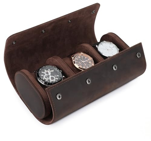 BAIGIO Tragbar Uhrenbox Uhrenrolle Echtes Leder mit Uhrenkissen Travel Watch Box Case Uhrenaufbewahrung Reise Uhrenkasten Uhrenetui 3 Fächer Uhren Aufbewahrungsbox Uhrenkoffer für Damen Herren, Kaffee