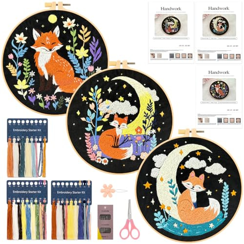 JSRQT 3 Piezas Kit de Bordado Zorro para Principiantes Adultos, Kit de Punto Cruz Estampado, Kit de Punto Aguja Artesanal Hecho a Mano con Herramientas, Aro de Bordado, Instrucciones, Aguja e Hilos