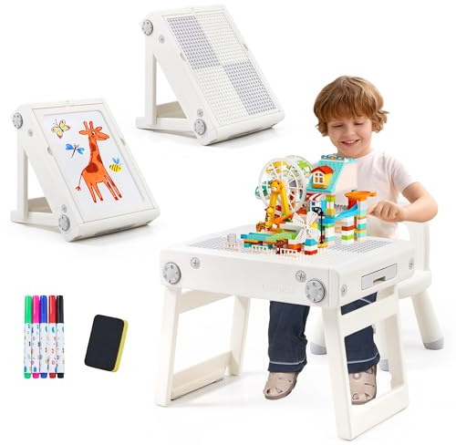 JooKiddie Toddler Table and Chair Set, Foldable Building Block Table for Kids, Double-Sided Drawing & Building Kids Activity Tables, Include 5 Markers & Board Eraser