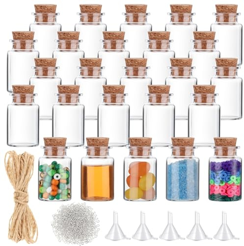 Bokon 25 Pack Mini Plastic Bottles with Cork Stoppers, Eye Screws, Funnels, Small Clear Sand Potion Bottles, Wish Jar for Birthday Party