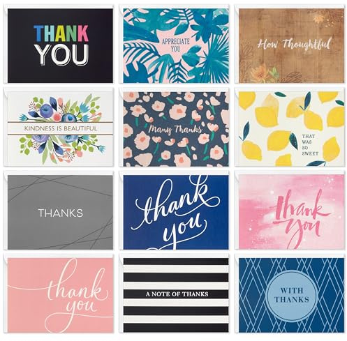 Hallmark tackkort blandade multipack, paket med 48, 12 mönster, gul, rosa, svart, vit