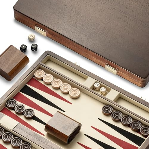 Lingle Set di backgammon in noce naturale di alta qualità da 36,8 cm per adulti, 30 dama in corno artificiale, 2 tazze di dadi in noce e 5 dadi in legno, classico gioco da tavolo strategico per due