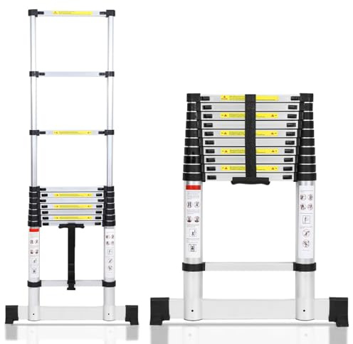 Cecaylie Teleskopstege i aluminium, 3,2 m, utdragbar stege med stabilisator, halkfri aluminiumledare stående stege, multifunktionsstege, utdragbar aluminiumledare, 150 kg lastkapacitet