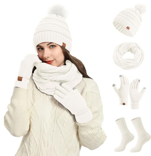 Hat Scarf and Gloves Set Ladies, 4 PCS Womens Winter Beanie 3 In1 Cable Knitted Hat Fleece Neck Warmer Touchscreen Gloves Set Fleece Lined Warm Thermal Outdoor Sports Sking White