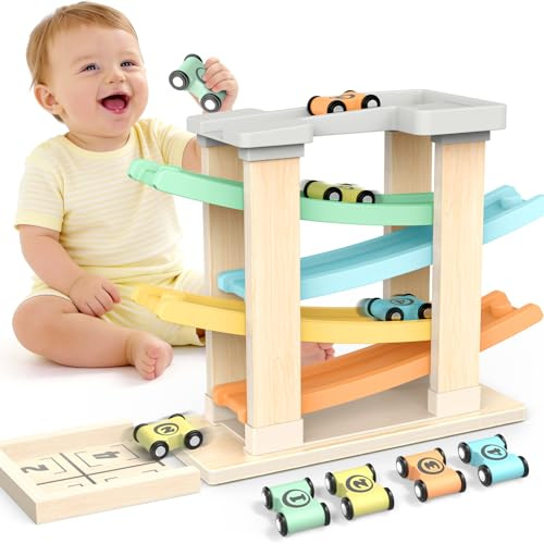 Toyzey Juguetes Niños 1 Año, Parking Coches Juguete de Madera Juguete Montessori 1 Años con 4 Mini Coches de Madera Regalo Niño 1 2 Años Regalos de Cumpleaños Niños Niñas (Colorido)
