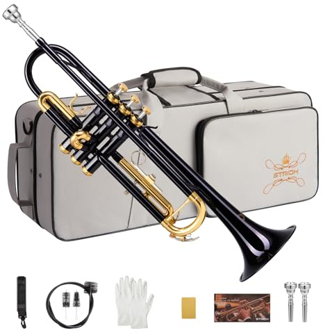STRICH Bb Standard Trumpet Set for Beginners, Brass Student Trumpet Instrument with Hard Case, Cleaning Kit, 7C & 3C Mouthpieces, Gloves - STR-1G, Black