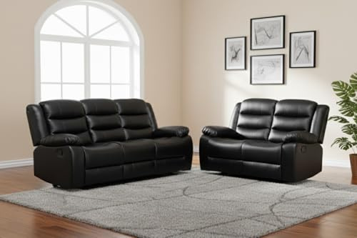 AI Leather Recliner Sofa Set with Cup Holders – 3+2 Seater – Leather Sofa – Manual Recliner Sofa (Black, 3+2 Seater) | Recliner Sofa Set