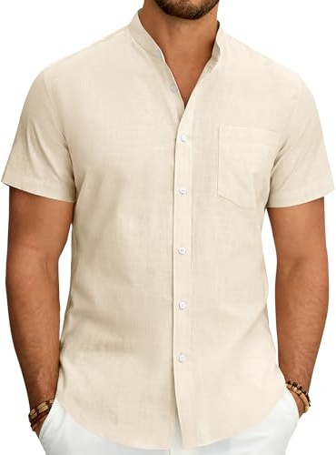J.VER Mens Linen Shirts Short Sleeve Grandad Collar Regular Fit Summer Beach Holiday Casual Fashion Shirt with Pocket
