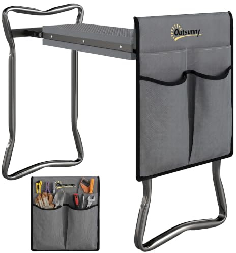 Outsunny Tabouret de Jardin Pliable 2 en 1 Coussin en Mousse EVA 150kg Gris | Agenouilloir de Jardin en Acier, Robuste, 4 Poches à Outils Amovible, Cadeau pour Personnes Âgées