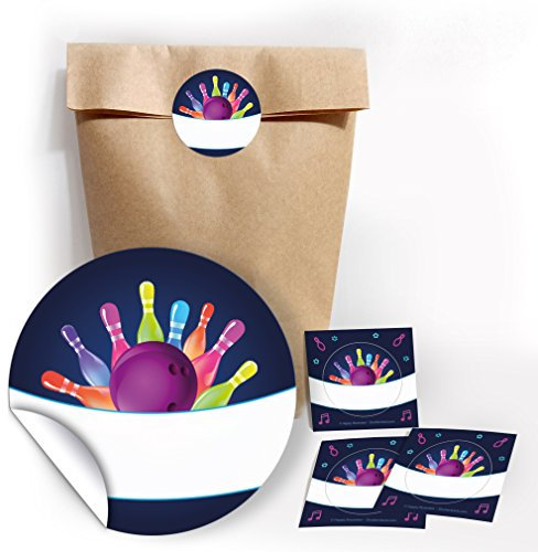 Juna-Experten 12 Geschenktüten Natur + 12 Aufkleber Bowling Neon – Perfekte Papierbeutel für Gastgeschenke und Mitgebsel beim Kindergeburtstag, Inklusive Stickern im Bowling-Design