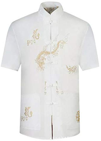LaoZanA Herren Kurzarm Hemd + Hose Tai Chi Uniform Chinesisch Traditionell Tang-Anzug Mit dem Drachen gestickt Weiß 43