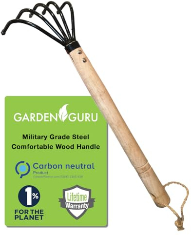 Garden Guru - Rastrello per coltivatore a mano, in acciaio di grado militare, resistente alla ruggine, 5 denti, manico in legno, ideale per terreni polverizzati e aerati