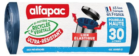 alfapac - 15 sacs-poubelle 30L poubelle haute à lien élastique ultra-résistant - fabriqués en France - bi-matière recyclée & végétale