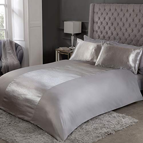 Sleepdown Satin Stripe Grey Panel Band Luxury Soft Cosy Plain Reverse Duvet Cover Quilt Bedding Set with Pillowcases - Double (200cm x 200cm) 5056242800576