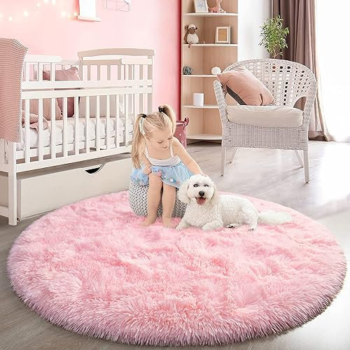 lightlux Teppich Rund-Shaggy Hochflor Teppich für Wohnzimmer Langflor Hochwertig Hohe Pflegeleicht Fadendichte Wasser Indoor Bodenmatte für (Rosa, 153×153cm)