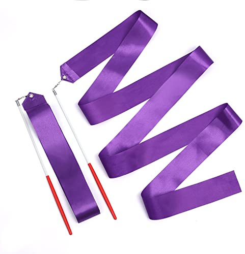 KINBOM 2 Piezas Cintas de Baile, 2 m Cinta Baile Giratoria Larga Cinta de Gimnasia Ritmica para Cinta Baile Artistico de Niña Entrenamiento Fiesta, con Varita de Bailarina de Cinta(Púrpura)