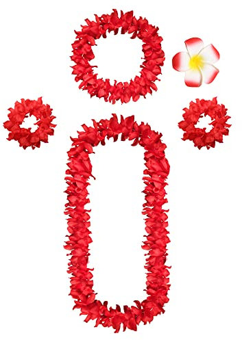 duoyif Blumenkette Deko 5Pcs Hawaiian Ketten Blumen Mit Halskette Stirnband Armband Haarclips, Luau Blumengirlande Blumen Ketten FüR Weihnachten Neujahr Karneval Strandpartys Geburtstag (rot)