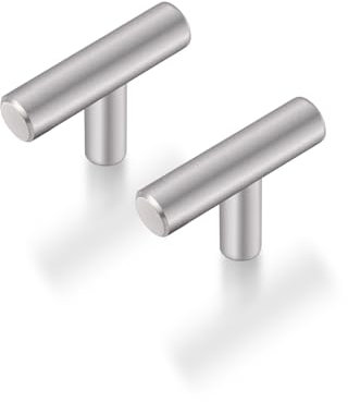 Probrico - Boutons d'armoire uniques en acier inoxydable, finition NICKEL SATINÉ, quincaillerie de meuble pour tiroirs et vanités, pack de 6 - Design européen de style barre en T, avec trou unique