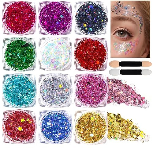 Teenitor Body Glitter Face Glitter Festival Hair Glitter Gel, 12 Colors of Glitter Gel for Face and Body Hair Makeup Rave