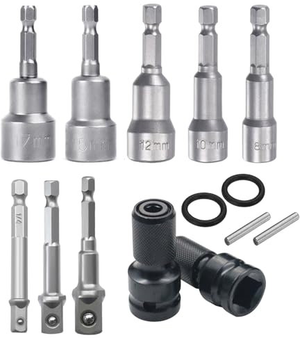 Nut Driver Set, Nut Setter Driver Drill Bit Set with Impact Driver Socket Adapter and 1/2 Square Drive to 1/4 Hex Shank Socket Adapter