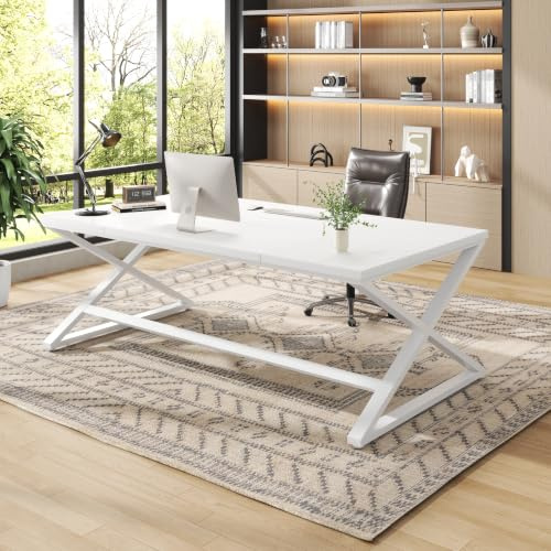 IBF Computer Desk Gaming Office Table Large Desks for Home 180cm White Oak | Work Writing Table for 2 Person, Farmhouse Double Workstation Executive Desk with Storage in Bedroom