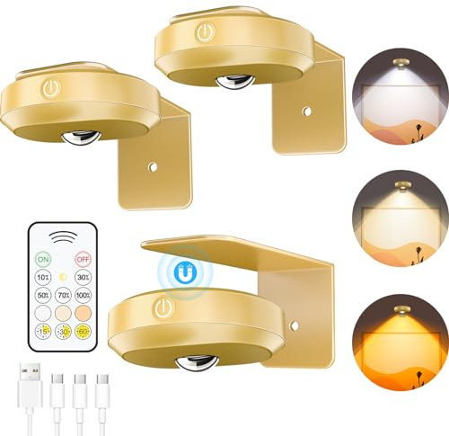 WILLED Luce per Quadro Quadri Faretto Quadri Parete Interno Lampada fotografica Ricaricabile Batteria Telecomando Notturna Magnetica Armadio 3 Temperature Di Colore（3 Pezzi, Oro）