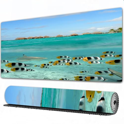 EOMKSE Mauspad Verlängertes großes Mauspad Schreibtischauflage,genähte Kanten Mauspad,Gummibasis,Ozean, Riffhai-Schwarzspitzenhai auf der Jagd nach Schmetterlingsfischen, Lagu,Gaming-Mauspad,40x90 cm