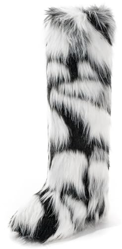 CEPEPRIN Women's Faux Fur Boots Knee-High Furry Snow Boots Fluffy Warm Winter Boots