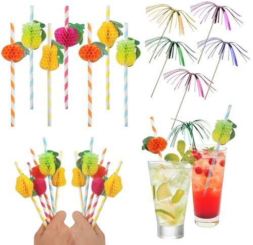 FINEASY 150 Stück Cocktail Deko, 3D Frucht Papier Strohhalme, Feuerwerk Sticks, Biologisch Abbaubare Papierstrohhalme, Cocktail Dekoration für Partys, Hochzeiten, Bar, Getränke