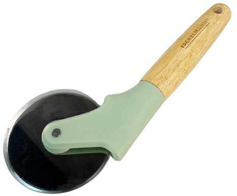 Fackelmann Rotella Tagliapizza, in acciaio inox con manico in legno di Hevea, taglia pizza da lavare a mano, dimensioni 22,5x2,5 cm, diametro lama 8 cm, Linea Ocean