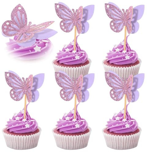 Tyqour 48 Stück Schmetterling Cupcake Topper Lila 3D Schmetterlinge Tortendeko Glitter Tortendeko Schmetterling Lila Muffin Deko für Valentinstag Hochzeit Geburtstag Party Jahrestag Babyparty