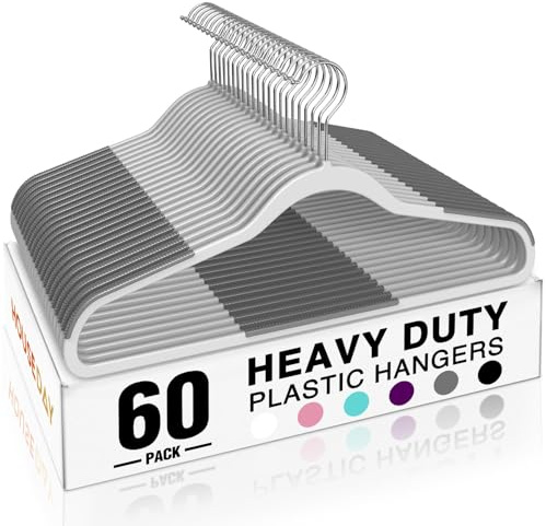 HOUSE DAY Heavy Duty Plastic Hangers 60 Pack, Non Slip Clothes Hangers with Rubber Pads and 360° Hook - Thin 0.2 Inch, Space Saving Coat Hanger Grey, Closet Organizer for Shirt, Pants, Suit, Skirt