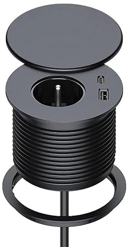 Inbyggt uttag, infällt uttagsblock, arbetsplan, kontorsuttag för kök, kontor, möbler med 1 uttag, 1 USB C-port, 1 USB A-port, 80 mm diameter, 1,5 m kabel
