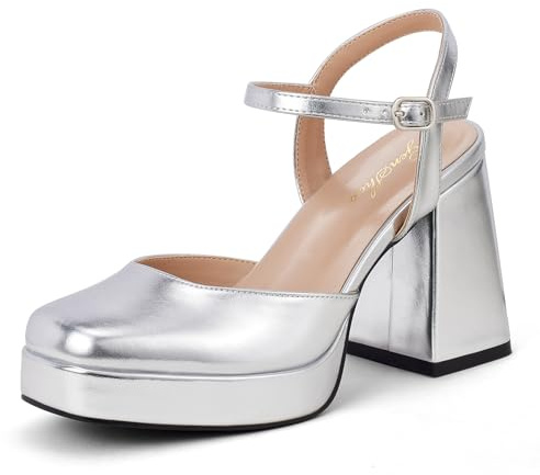 GENSHUO Zapatos de Plataforma Mujer Punta Cuadrada Tacón Bloque 10 cm Sandalias con Correa de Tobillo Elegantes para Boda Fiesta Oficina, Plateado, 40 EU