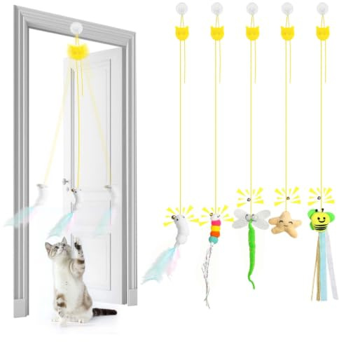 AYESY Appeso Giochi per Gatti，Interattivi 5 Pezzi Gioco Gatto da Interno Set con campana piume teaser Nappe Colorate Appeso Giochi Interattivi per Gatti per Esercizio Alleviare La Noia