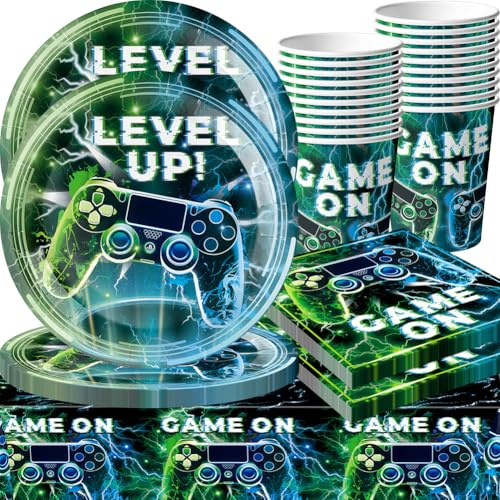Stoviglie per Feste da Videogiochi, 61 Set di Accessori per Videogiochi e Feste, Forniture per Feste di Videogiochi, Decorazione Compleanno per Ragazzi con Piatti, Tazze, Tovaglia - per 20 Persone
