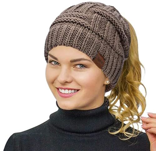 Rosoz Womens Ponytail Beanie Winter Beanie Hat Ponytail Hatfor Women Tail Stretch Cable Knit Cap Messy High Bun Hat