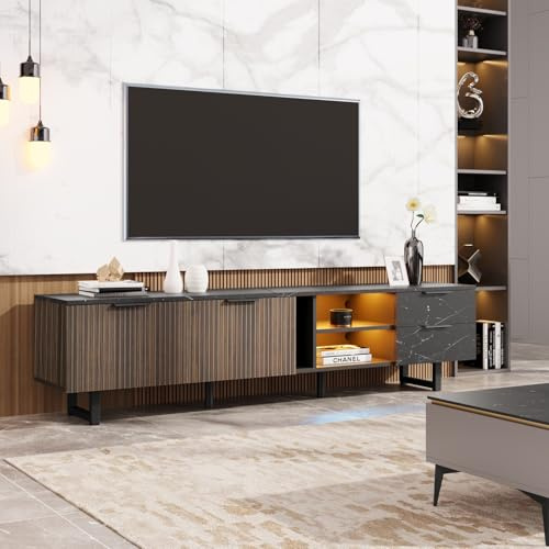 OLIVIBED TV-skåp 200 cm, TV-bänk med mörka trädörrar, TV-skåp med justerbar LED-belysning, lågbord med 2 lådor och dörrar, moderna TV-möbler för vardagsrum, svart