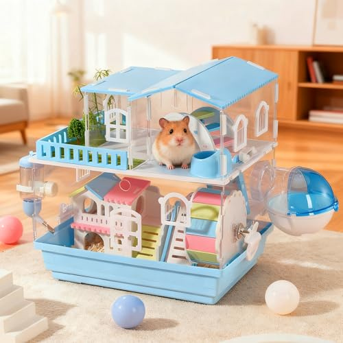Cage à hamster à deux étages en acrylique - 35 x 26 x 36 cm - Villa pour hamster avec fermeture magnétique - Avec gourde - Gamelle - Roue - Baignoire et pont coloré - Fond amovible - Bleu