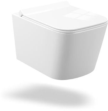 Hänge-WC, Spülrandlose Toilette mit Softclose Toilettendeckel, D-Form kompakte Design Hängetoilette, Hänge Toiletten mit effizienter Spültechnik, 360° Einloch Superspin Spülung Lang 51cm - A02