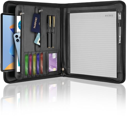 Leather Padfolio Portfolio Binder Organizer, with 25 Pages Notepad & 13 Tablet Sleeve, Professional Conference Meeting Business Zipper Folder for Letter Size A4 Legal Writing Pad Document Men Women