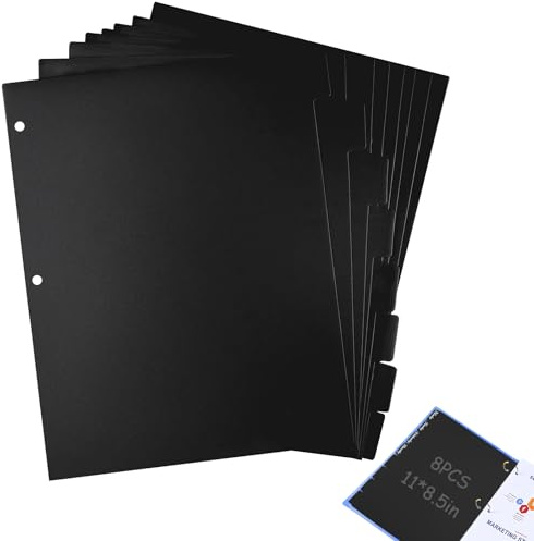 8Pcs A4 Black Plastic Binder Dividers with 8 Tabs,3-Ring Insertable Write-On Dividers for School, Office, Homework, Notebooks & Folder Organisation