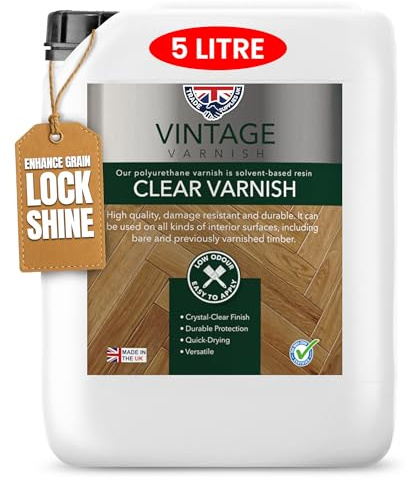 Trade Supplies UK - Vintage Varnish Clear Varnish - Solvent-Based Coating for Interior Wood - Scratch & Spill Resistant, UV-Protected Finish for Floors, Doors, Furniture & Joinery - 5L