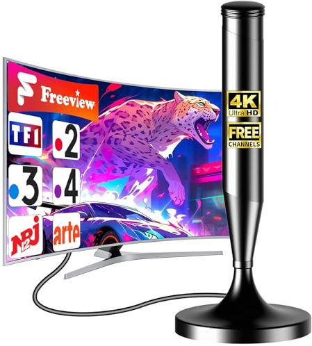 Antenne TNT HD Intérieure 2026 - Base Magnétique - Réception Omnidirectionnelle 360° 500km - Compatible 4K UHD/1080P/DVB-T2 - Chaînes Gratuites TNT sans Abonnement
