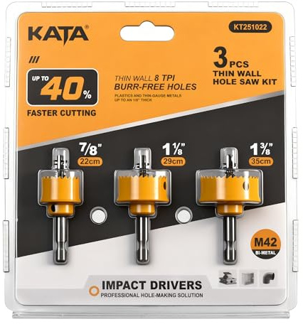 KATA Impact Hole Saw Set - 3PCS Thin Wall Hole Saw Kit Electric Tool Hole Cutter Drill Bit 7/8, 1-1/8, 1-3/8 (22-29-35mm) for Plumber - 1/4 Hex Shank, Variable Pitch Teeth for Plastic and Metal