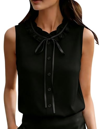 Women's Sleeveless Ruffle Blouse, Ladies Frill Stand Collar Bow Tie Neck Button Front Shirt, Elegant Office Work Top for Business Casual Summer Outfits
